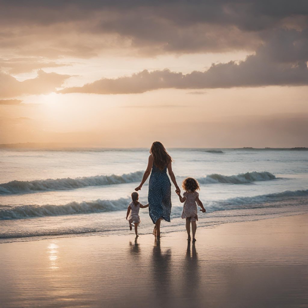 A woman and two children walking on the beach